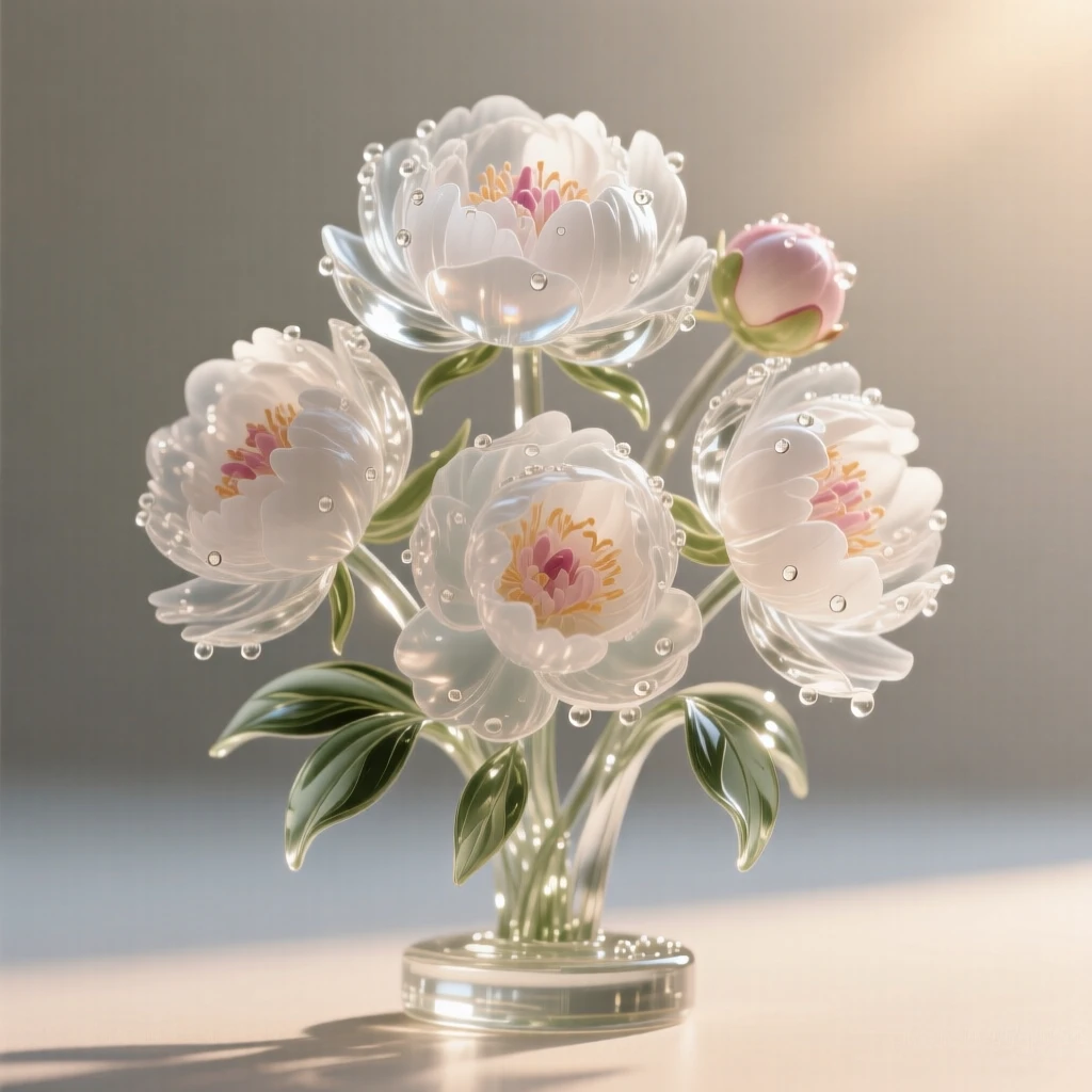 A cluster of peonies, backlit by soft morning sunlight, dew drops clinging to the petals, composition centered and intimate, evoking freshness and calm.