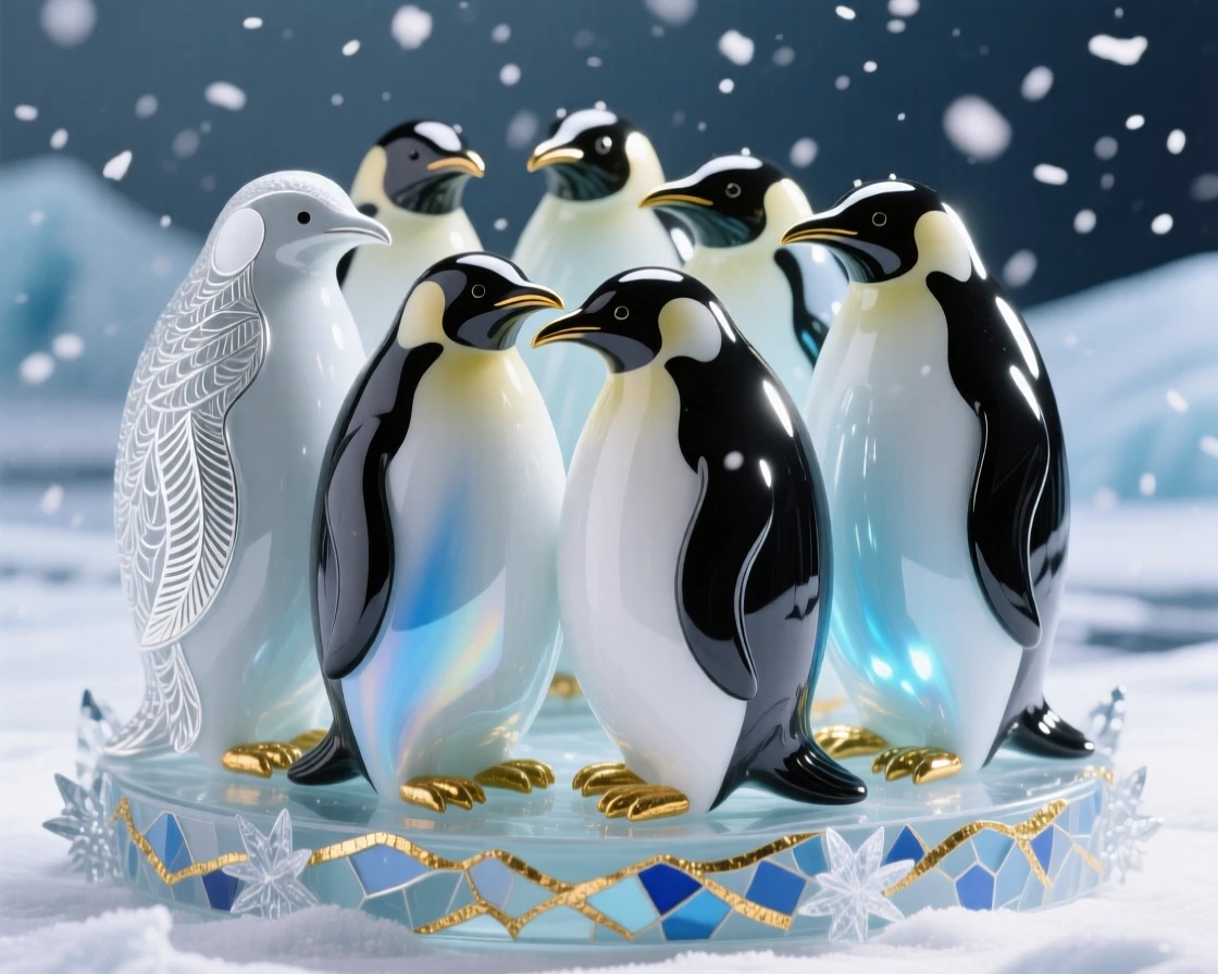 A colony of penguins huddled together against an Antarctic blizzard, resilient and endearing.