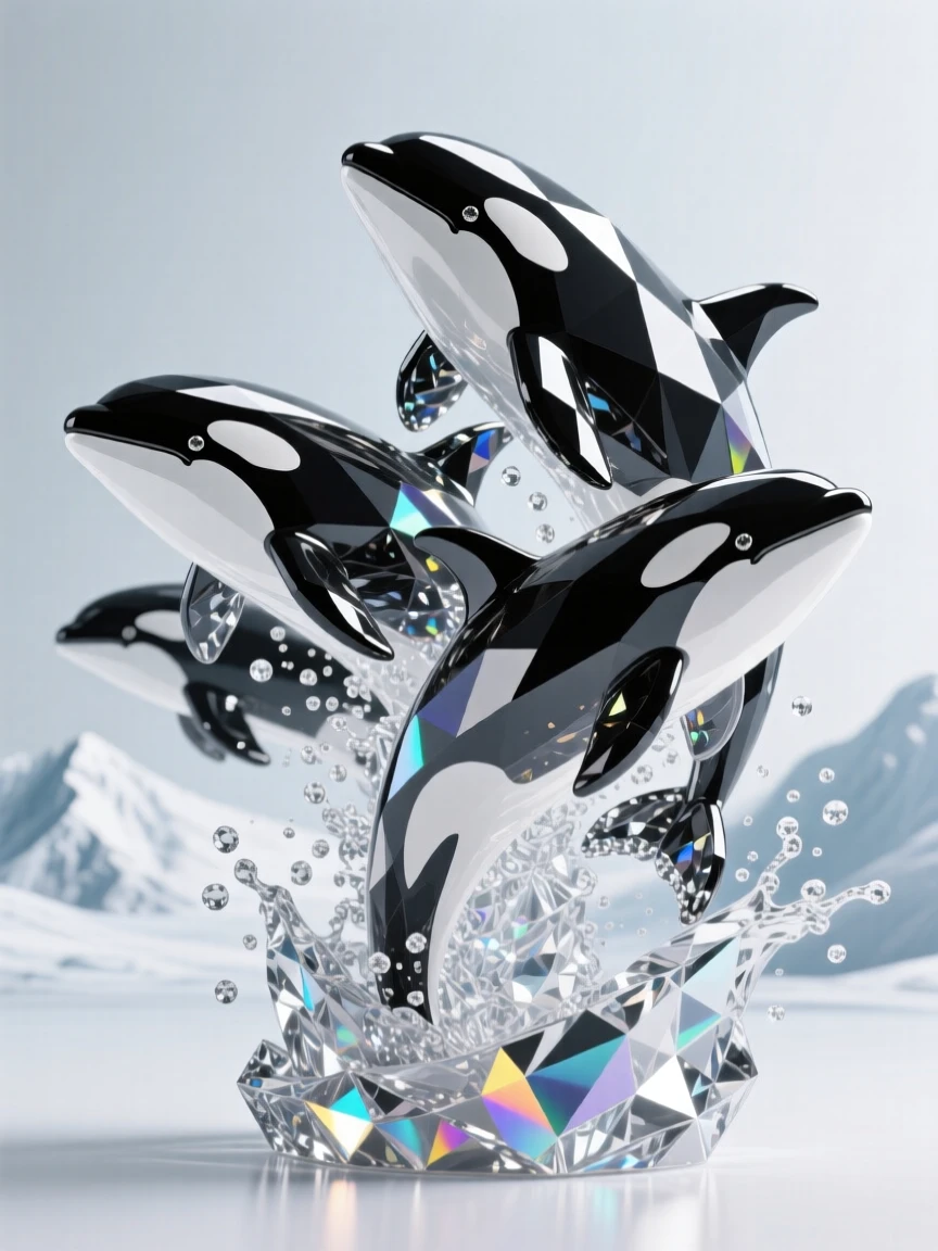 A pod of orcas breaching in unison against a backdrop of icy mountains.