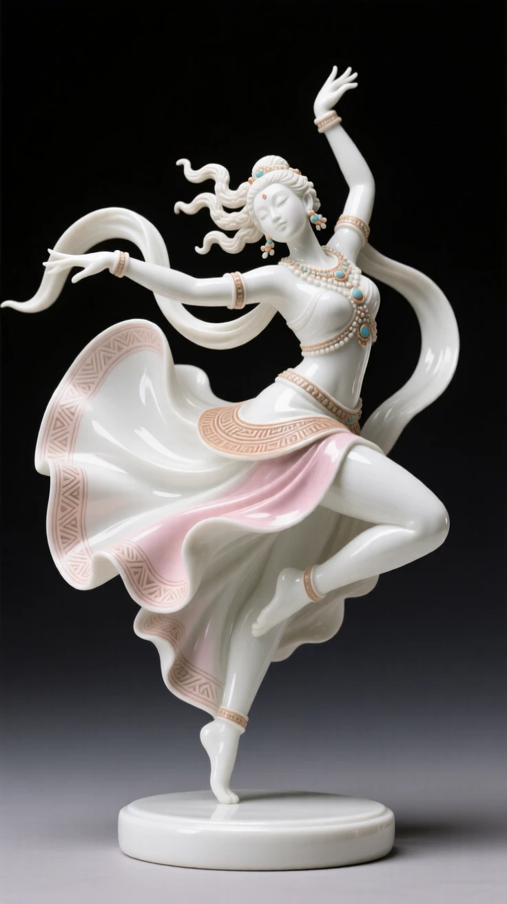 A graceful tribal dancer caught in the middle of a soaring leap, fabric flaring dramatically around the movement.