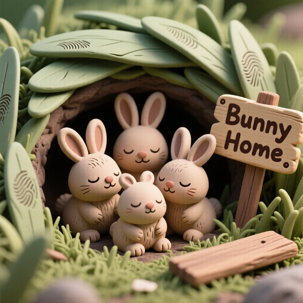 A litter of bunny kits nestled together in a soft grass burrow