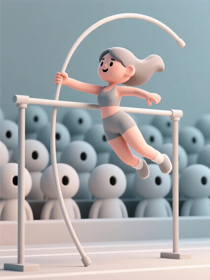 A determined pole vaulter arches gracefully over a high bar, the crowd gasping as the pole bends beneath her.