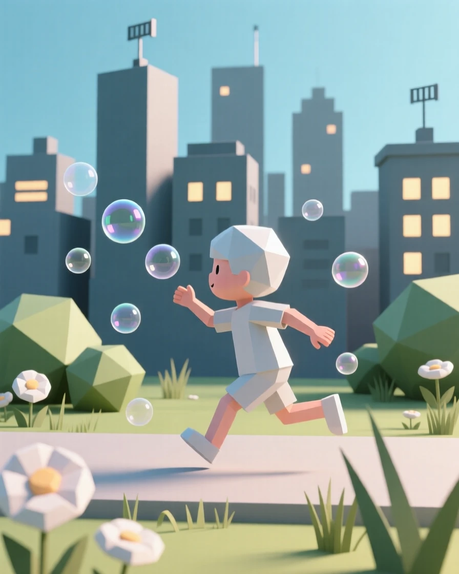 A child chasing bubbles in a sunny garden, against a backdrop of city lights. the composition captures genuine, candid emotion. The mood feels tender and heartfelt.