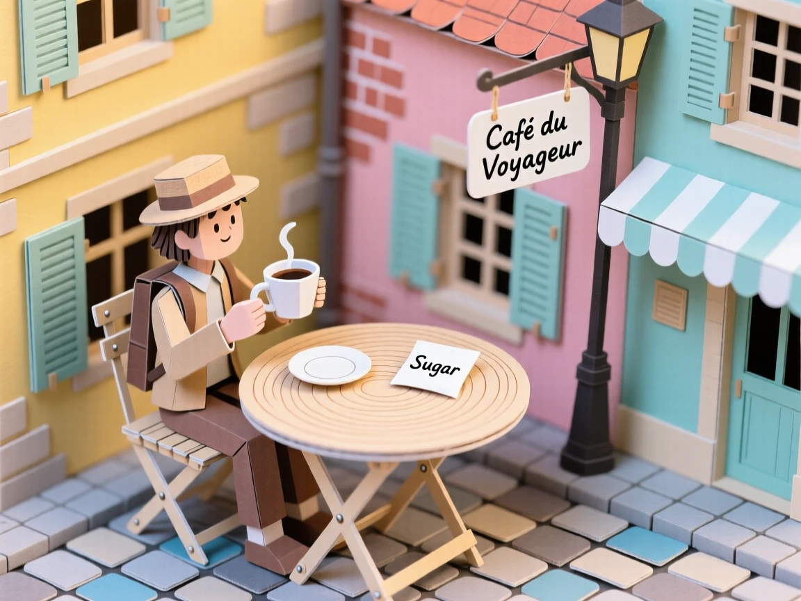 A traveler sipping coffee at a small outdoor café table in a European old town, cobblestone streets and colorful buildings surrounding them, capturing wanderlust and quiet contentment.