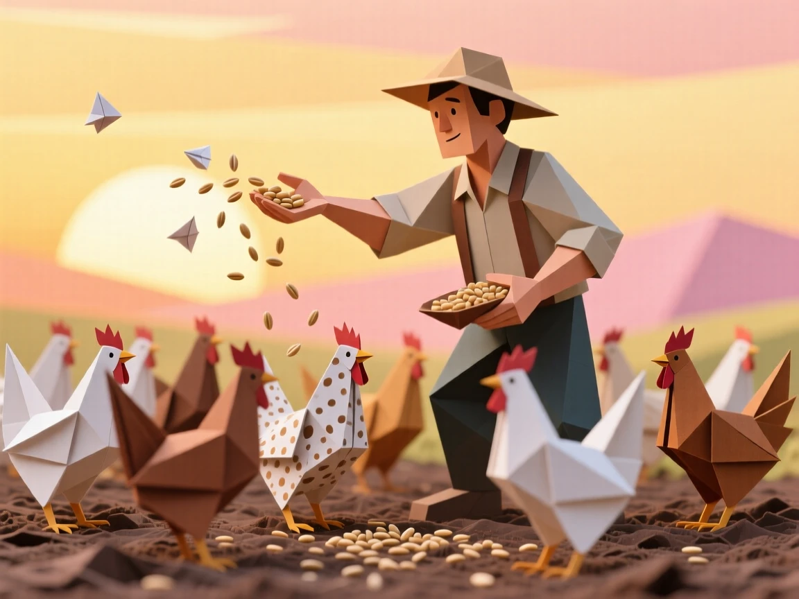 A farmer character scattering seed for a flock of eager chickens at sunrise.