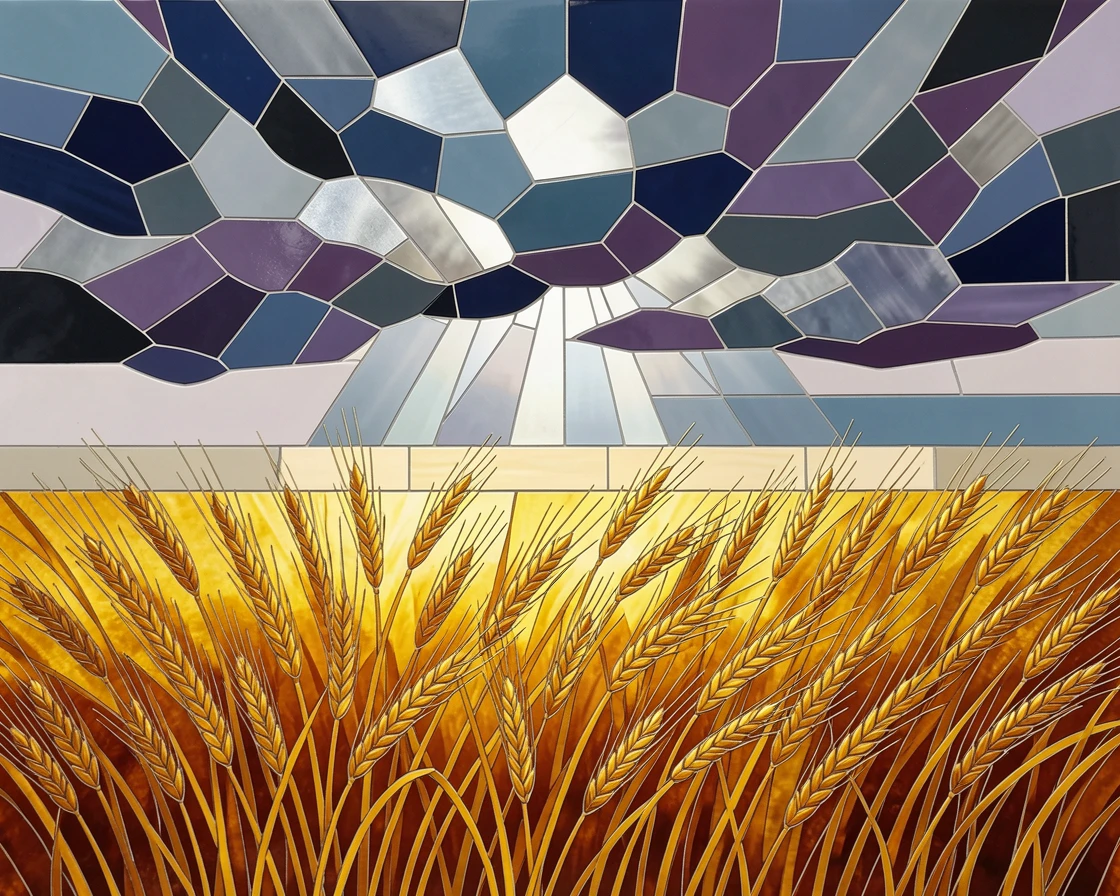 A dramatic golden wheat field swaying beneath a stormy sky.