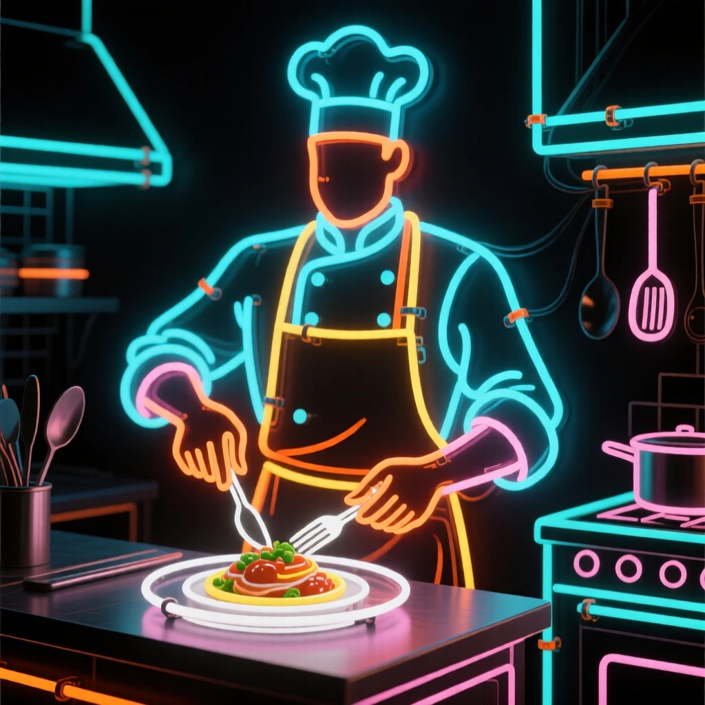 A chef in a crisp apron plating a dish in a bustling kitchen.