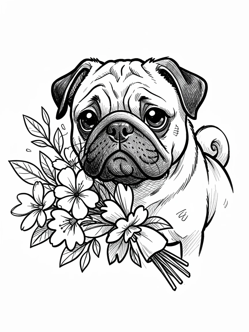A pug with a wrinkled face sniffing a bouquet of flowers.