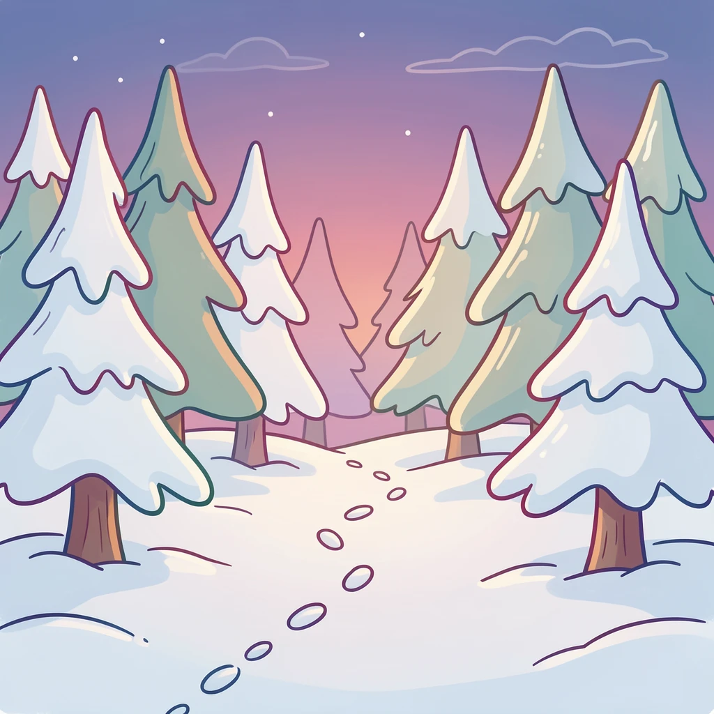 A snow-covered pine forest at twilight with a single set of footprints leading into the trees.