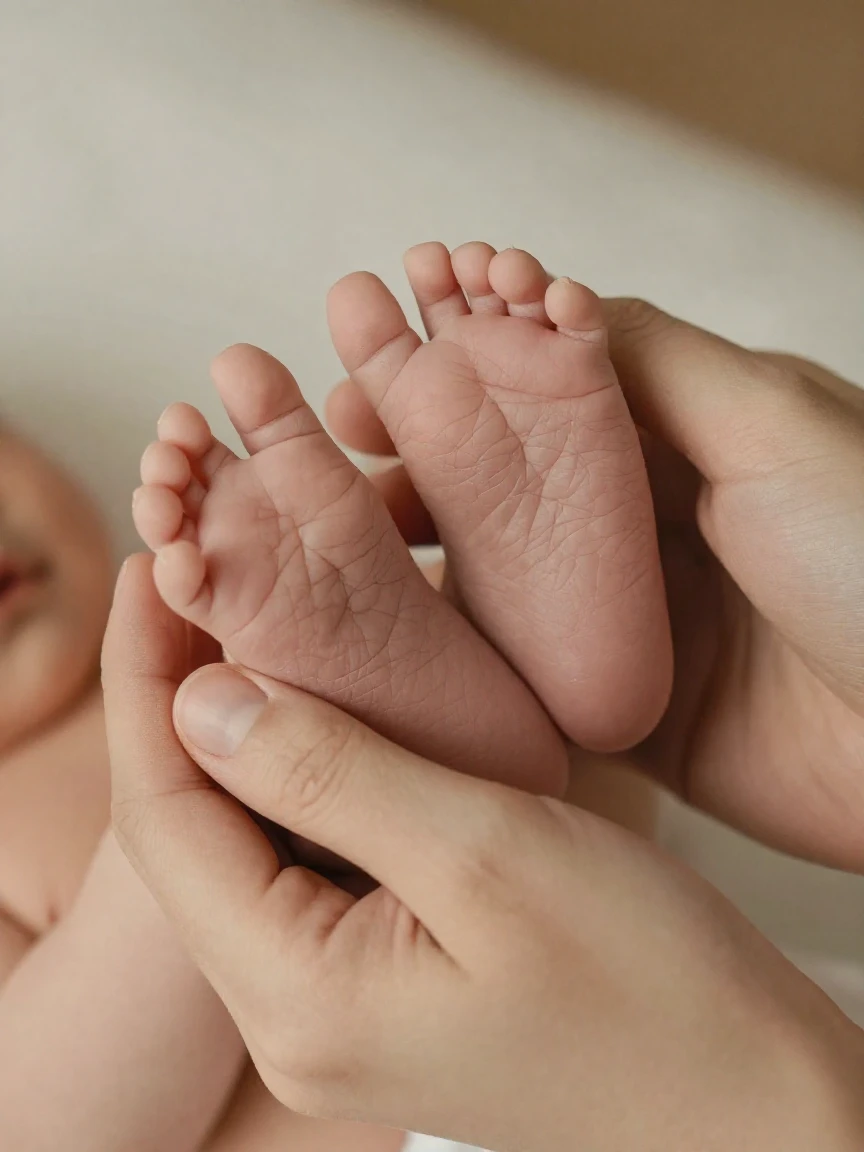 A newborn's tiny feet held in a parent's hands