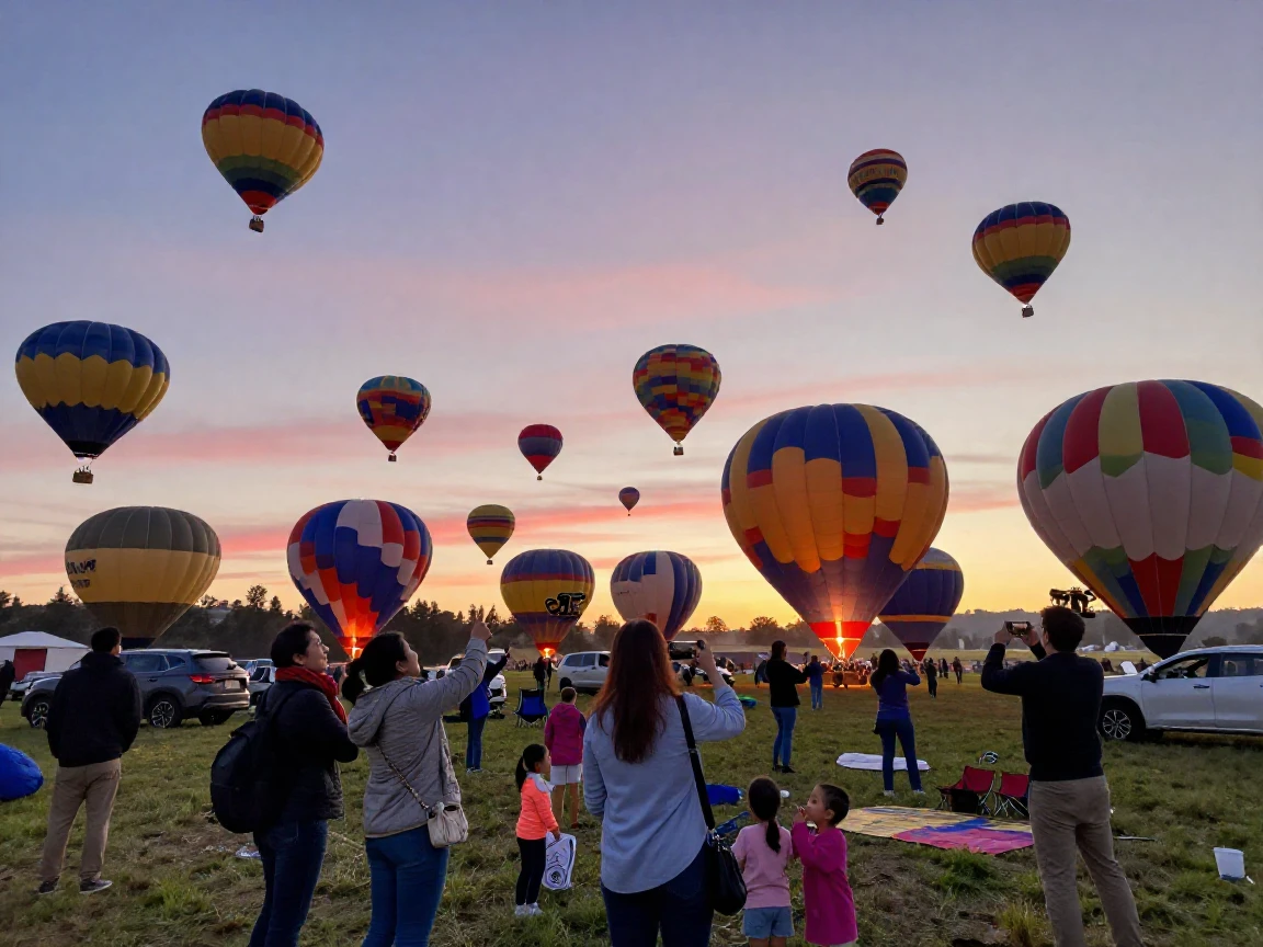 A hot air balloon festival fills the sky with dozens of colorful balloons at sunrise.