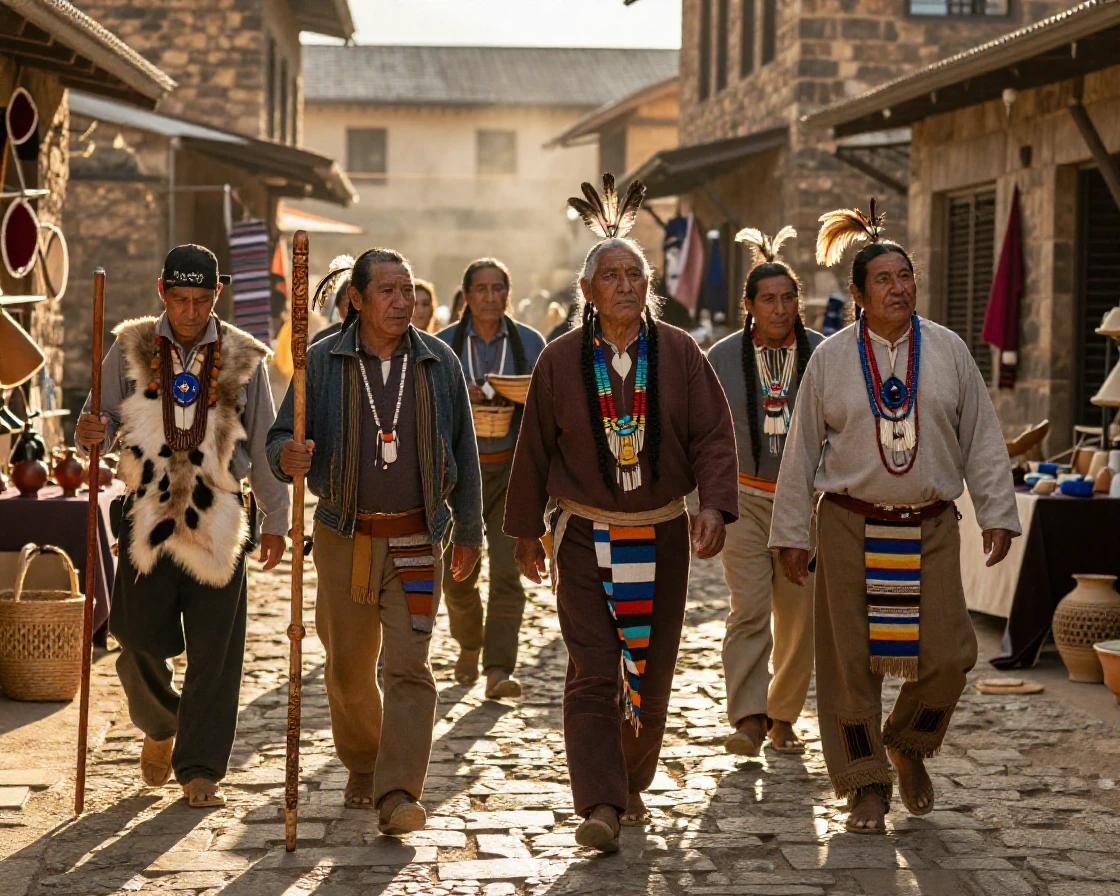 A gathering of tribal storytellers making their way through an old stone marketplace
