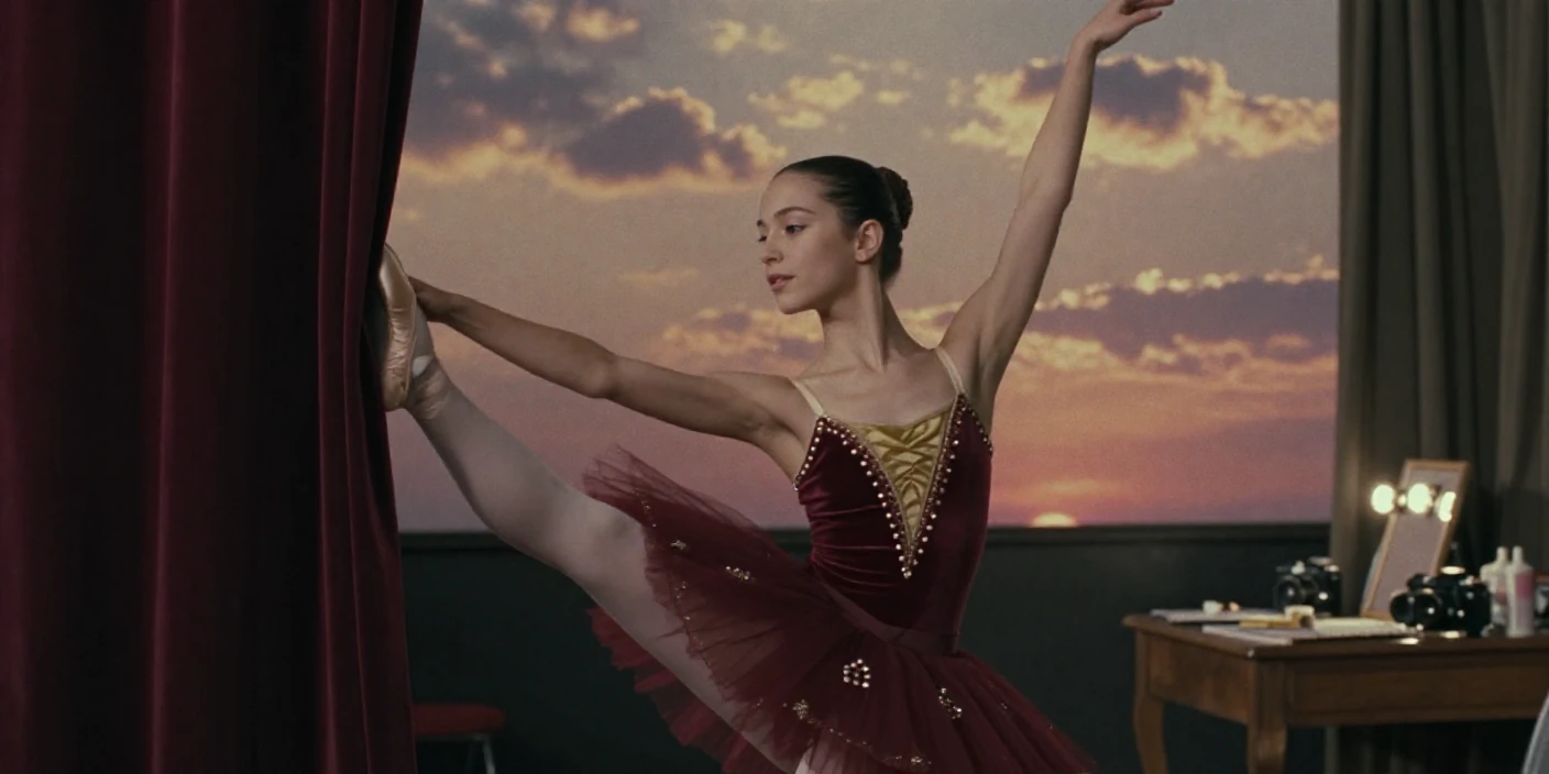 A young ballerina stretching quietly backstage before a performance, under a glowing sunset sky, under scattered clouds, as summer fades into fall, with rich burgundy and gold accents, from a three-quarter angle.