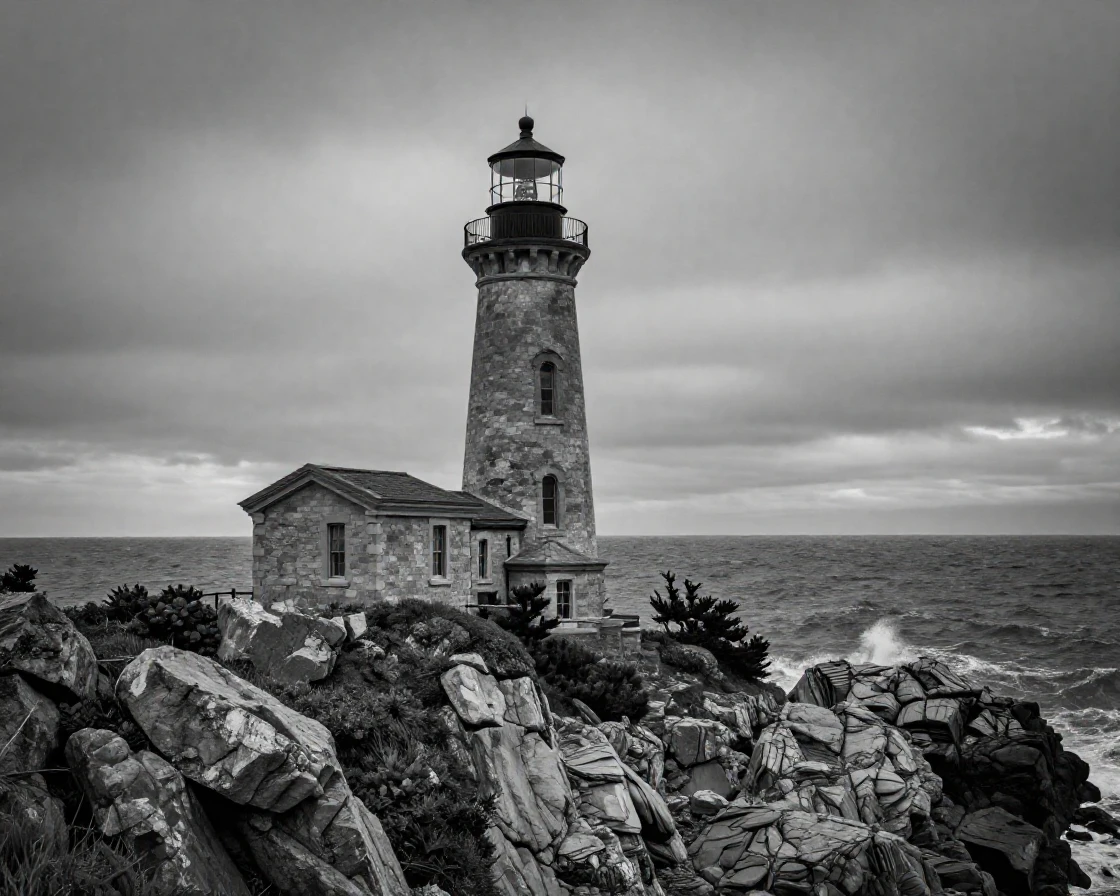 An old stone lighthouse watches over a rocky coastline on a rugged coastal hillside.