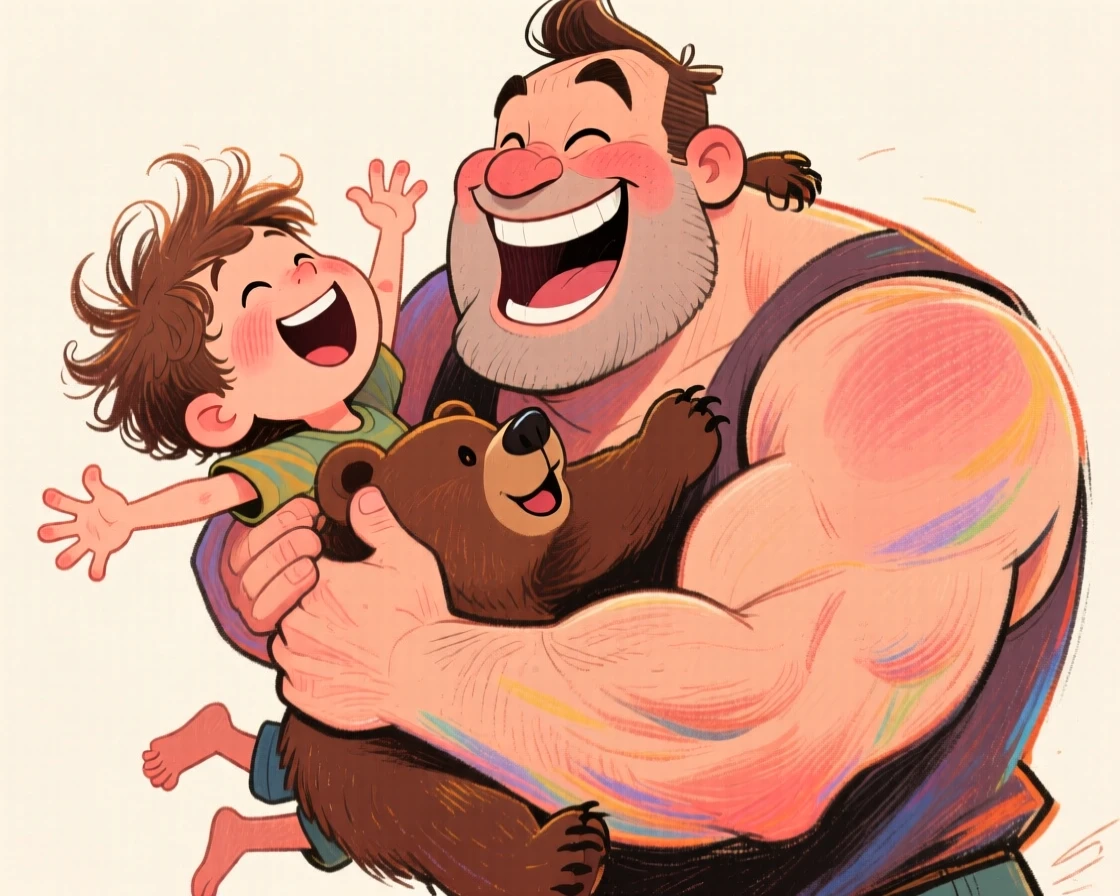 A big bear-hugging father lifting his son into the air, both laughing hysterically.