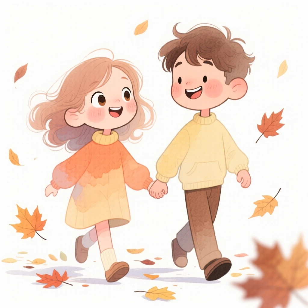 Two best friends turned sweethearts holding hands while walking through falling autumn leaves