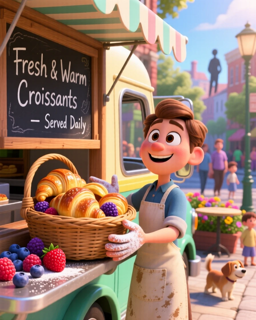 A basket of warm buttery croissants sits at a food truck window on a lively street, surrounded by scattered fresh berries. The scene feels inviting, warm, and delicious.