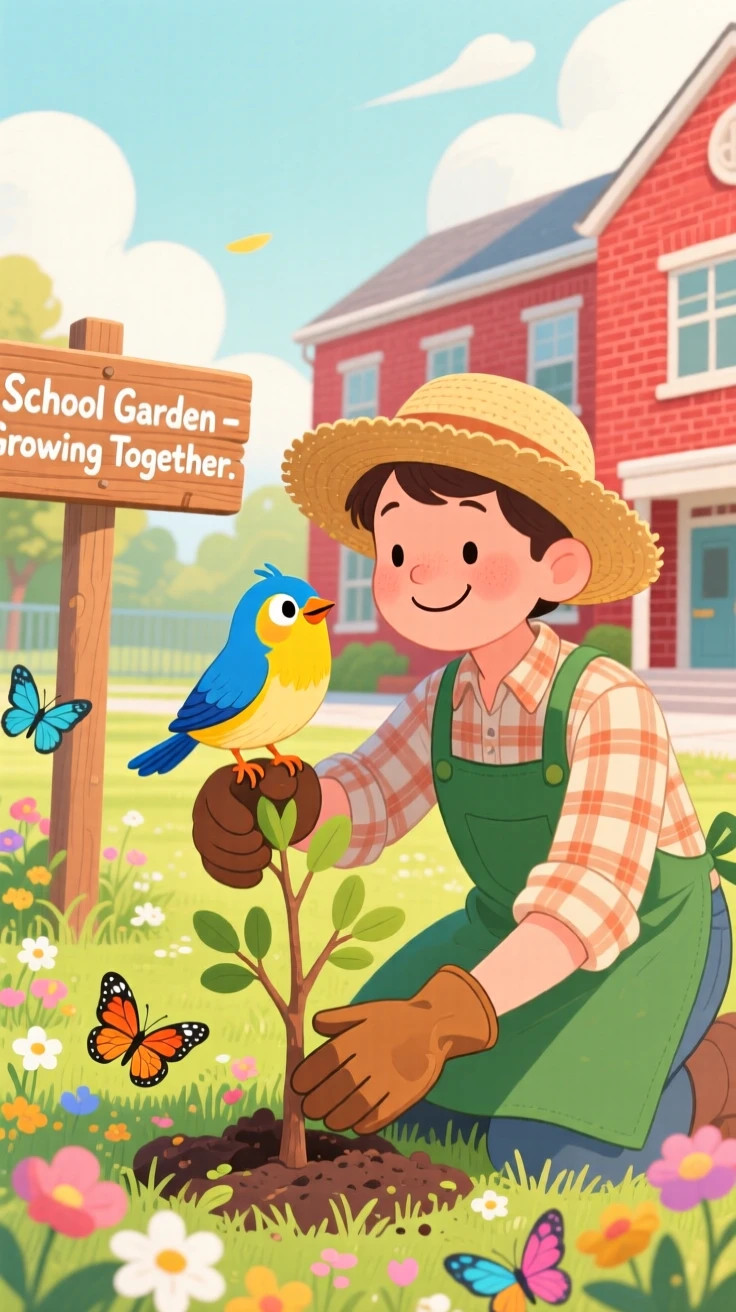 A small bird and a kind gardener are seen planting a tree together in the schoolyard in a garden behind a school, with a gentle hand resting on a shoulder.