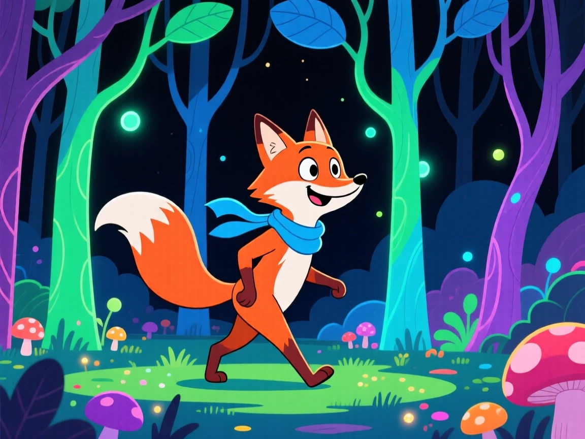 A talking fox spirit walking through a forest where the trees glow at night.