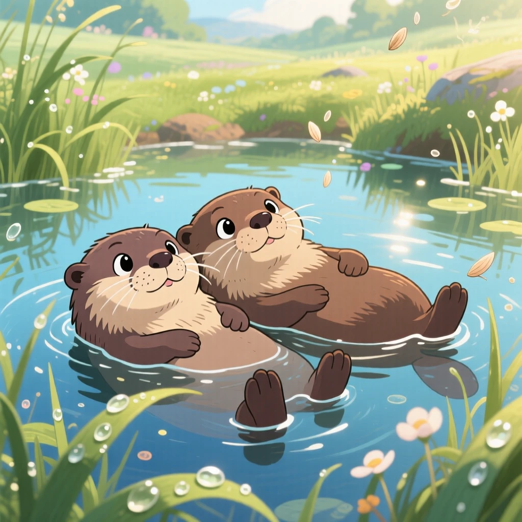 A pair of otters floating together on their backs, with morning dew glistening on the grass nearby, radiating pure charm.