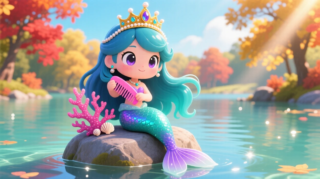 A mermaid princess combing her hair with a coral comb atop a rock in a sunlit lagoon on a crisp autumn afternoon; bright midday sun washes over the scene as peaceful calm fills the moment. Medium shot.