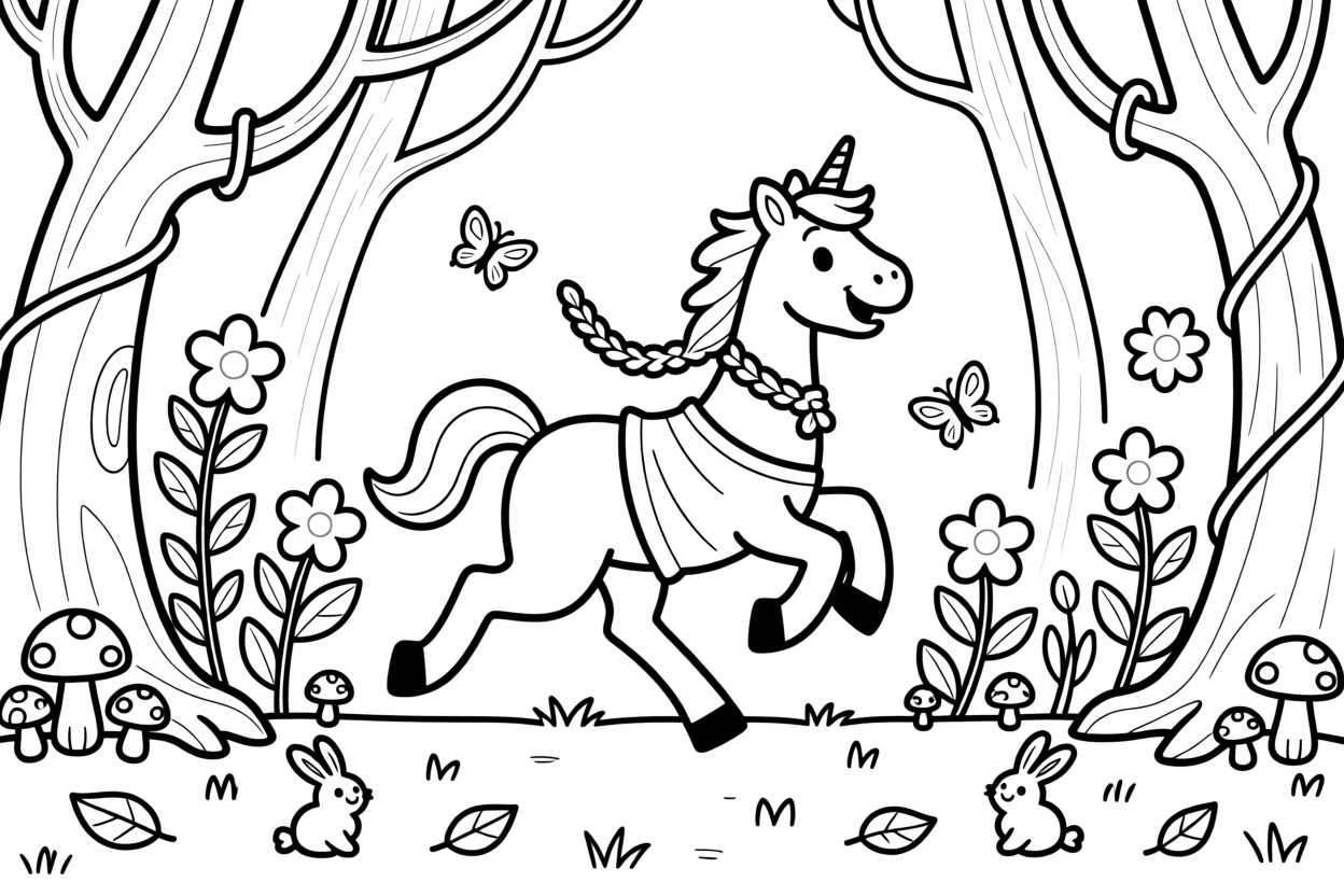 A centaur galloping through an enchanted forest with glowing flowers