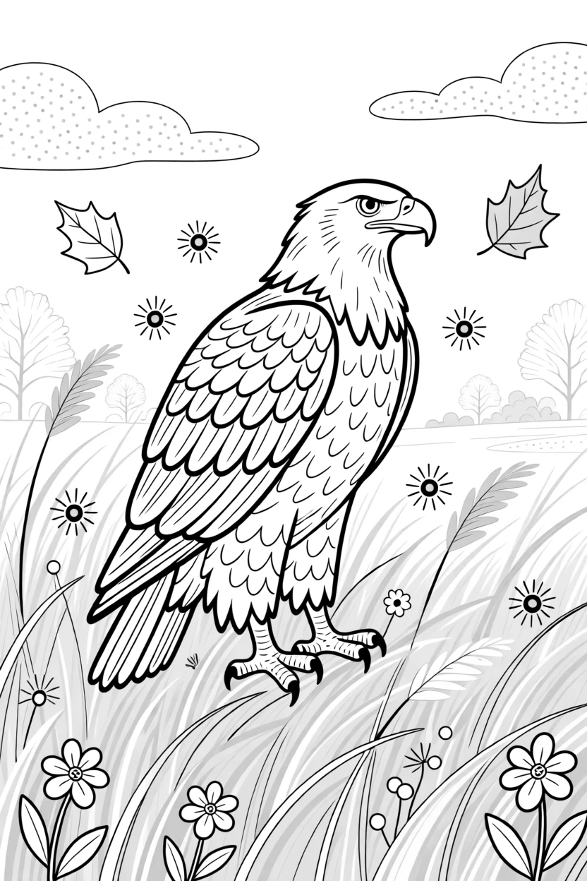 A bald eagle standing in tall golden grass at dawn, surrounded by fireflies and drifting leaves.