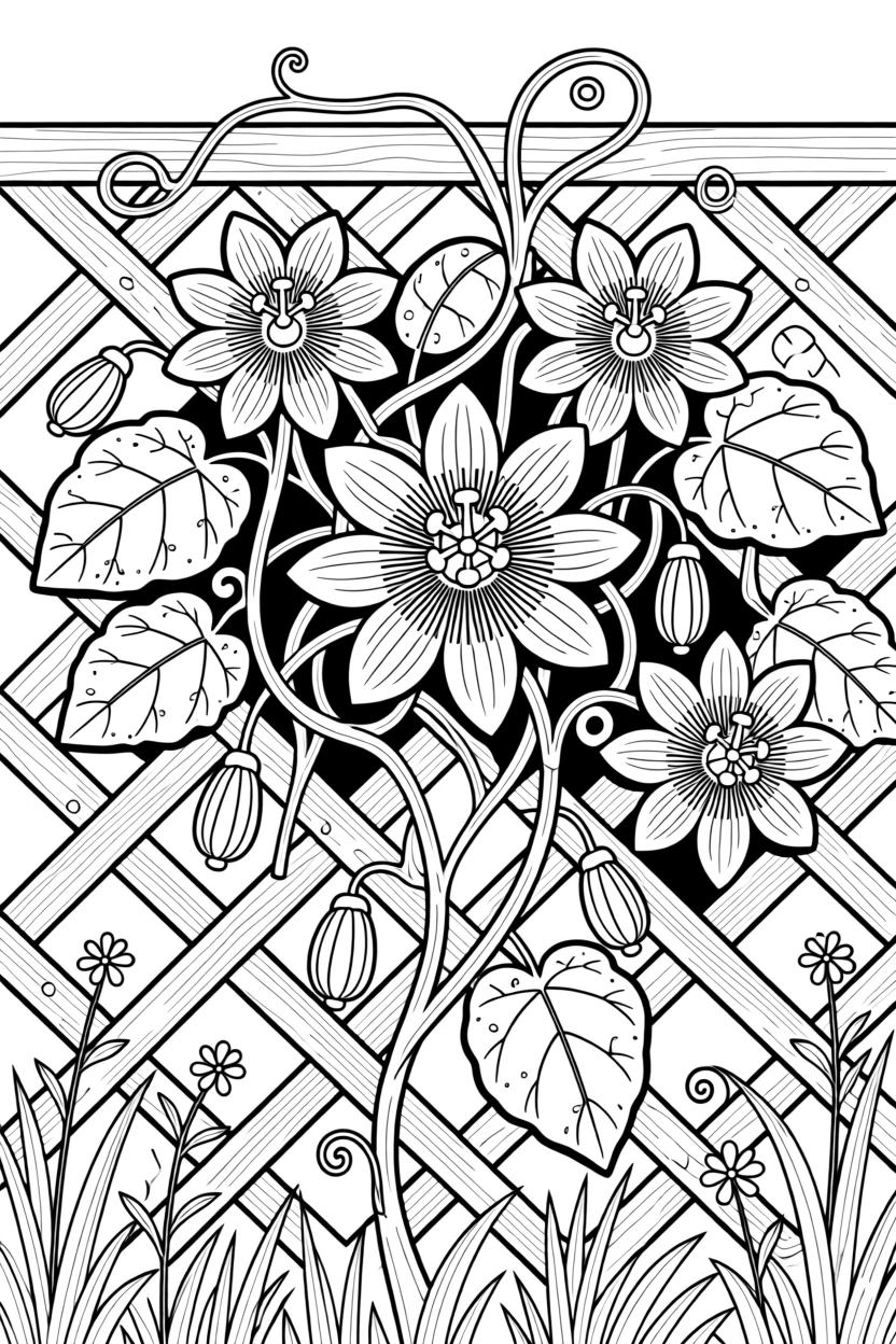 A cluster of passionflowers climbing a garden trellis.
