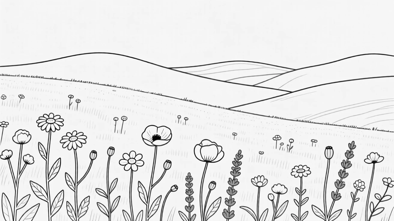 A field of wildflowers stretching toward distant hills