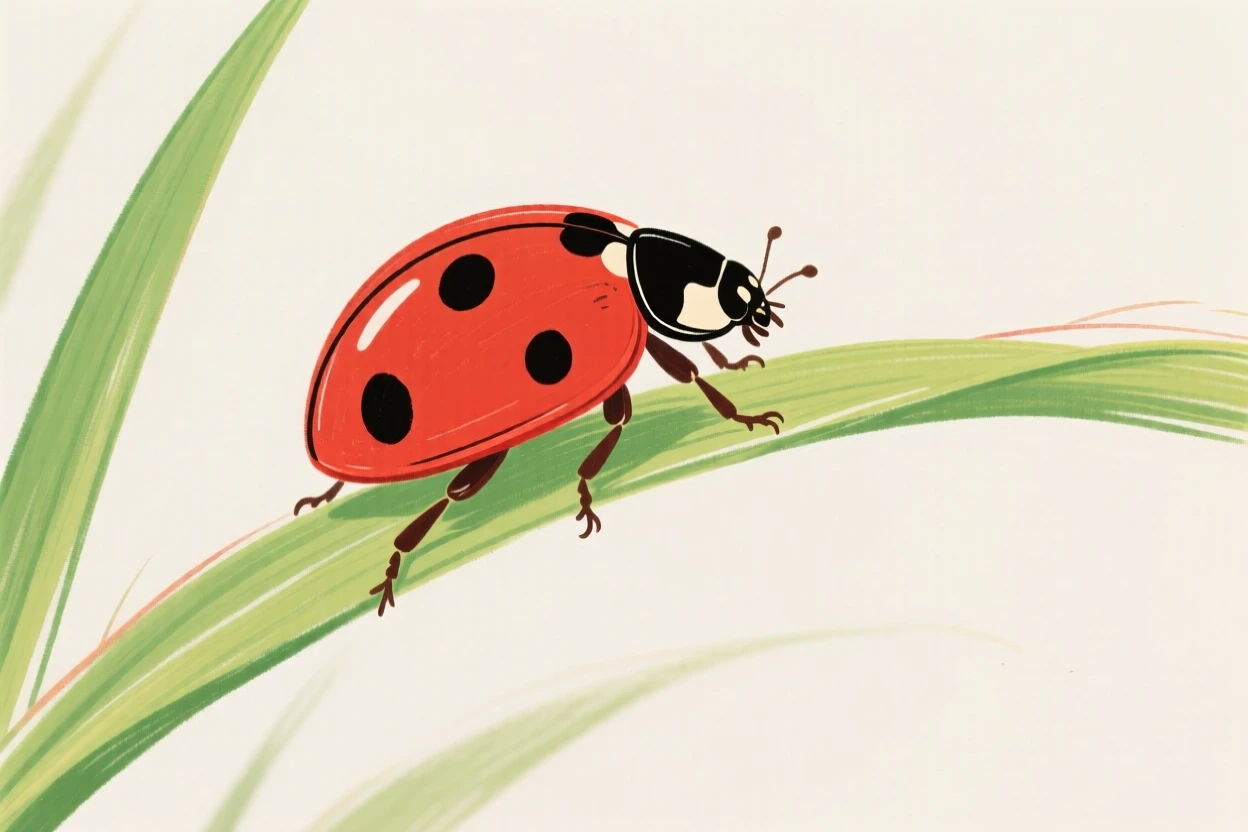 A ladybug crawling along a blade of grass.