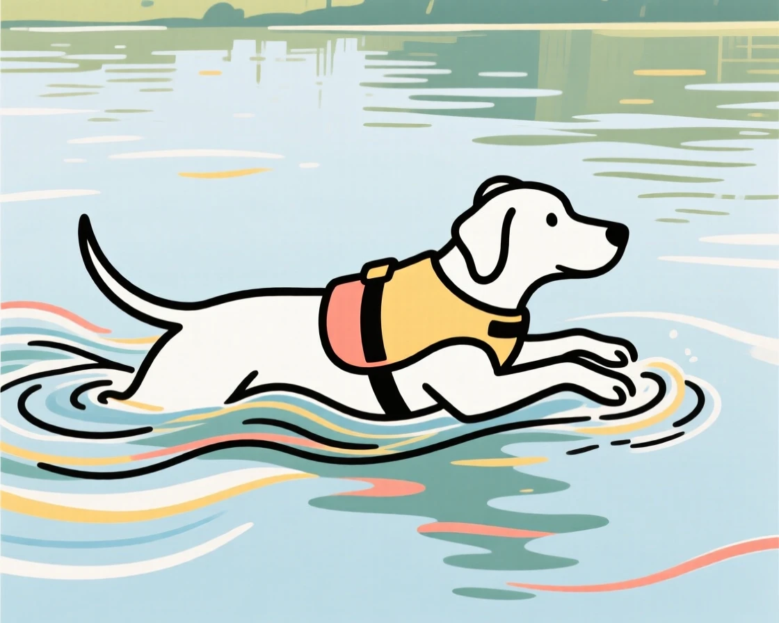 A dog wearing a life vest paddling across a lake.
