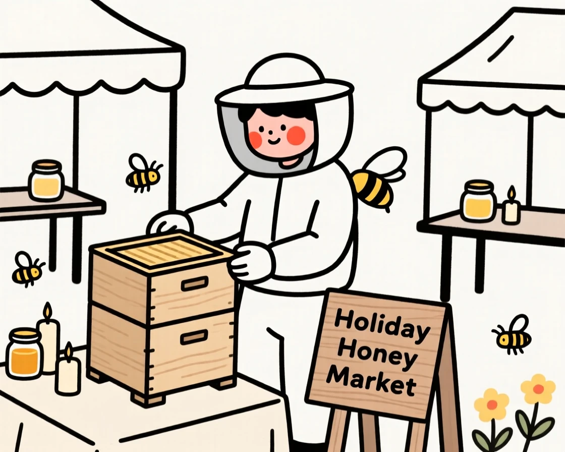 A beekeeper checking a hive at a bustling holiday market.