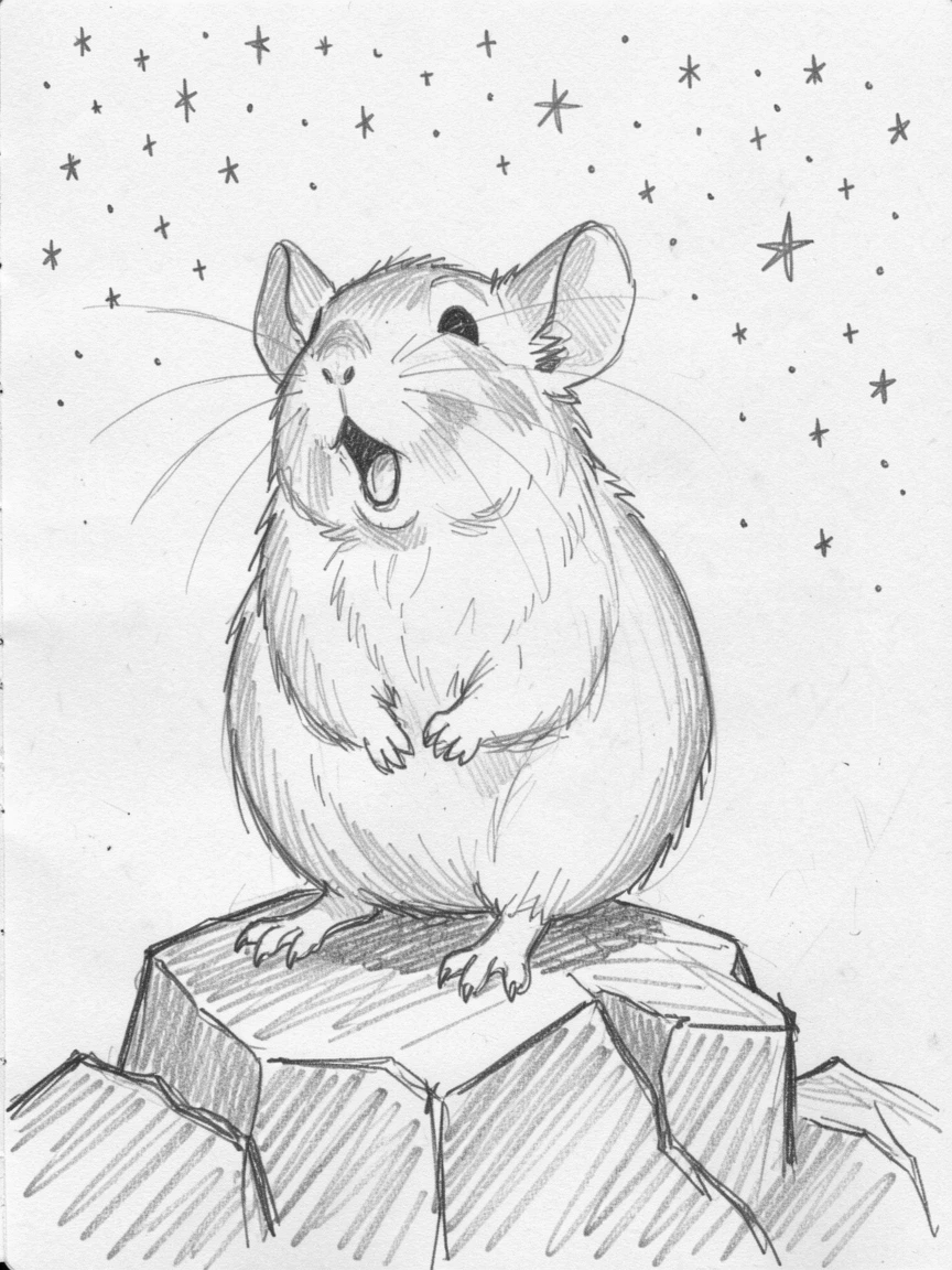 A chinchilla mid-yawn standing proudly atop a rocky outcrop, beneath a sky full of stars.