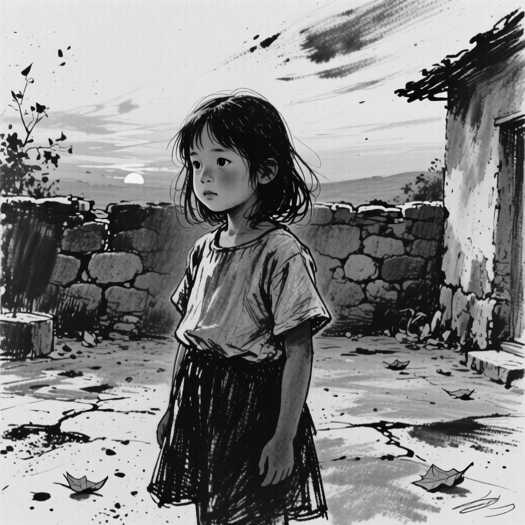 A little girl gazing thoughtfully into the distance at sunset, in a peaceful courtyard.