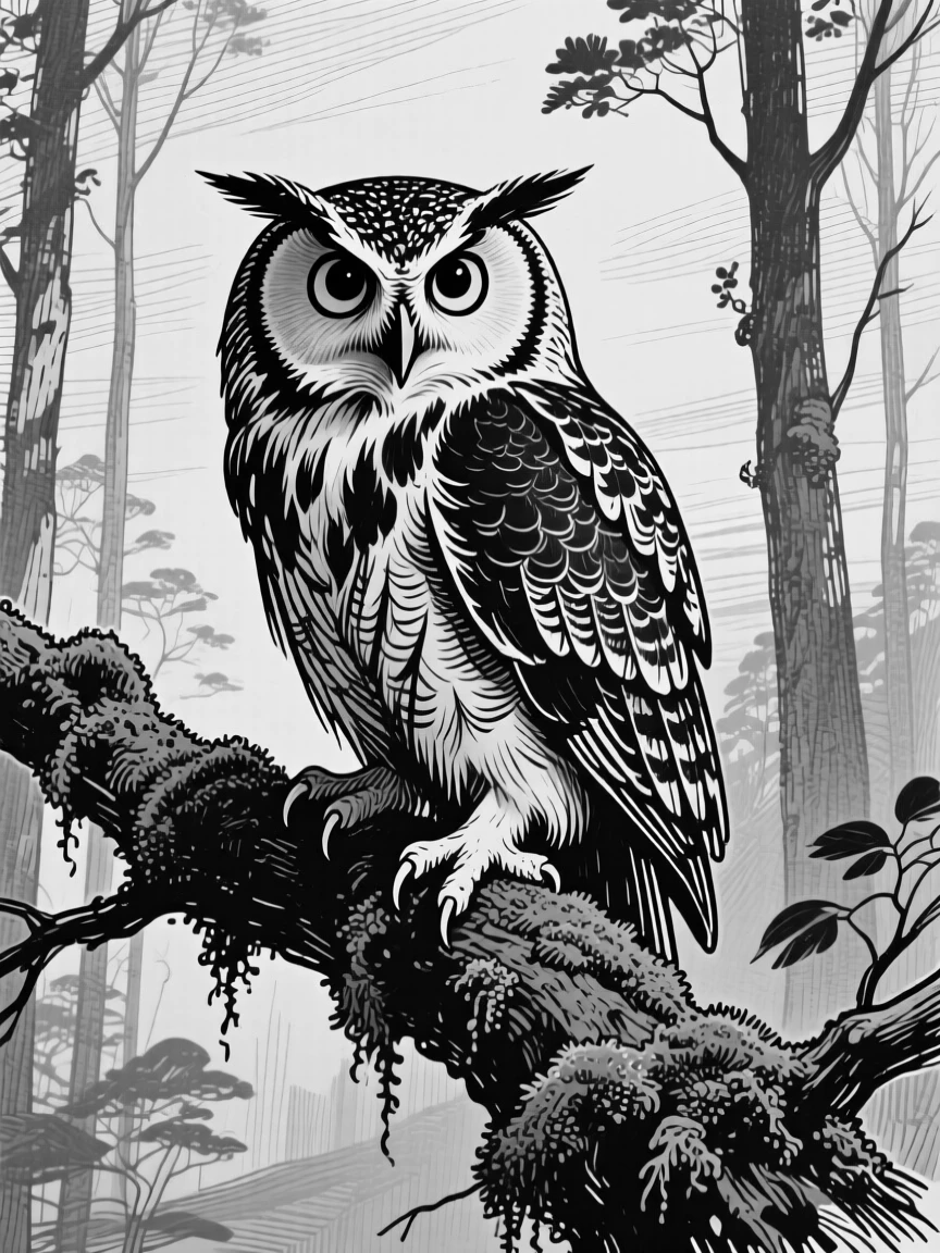 A wise old owl perched on a mossy branch in a quiet forest at dusk.