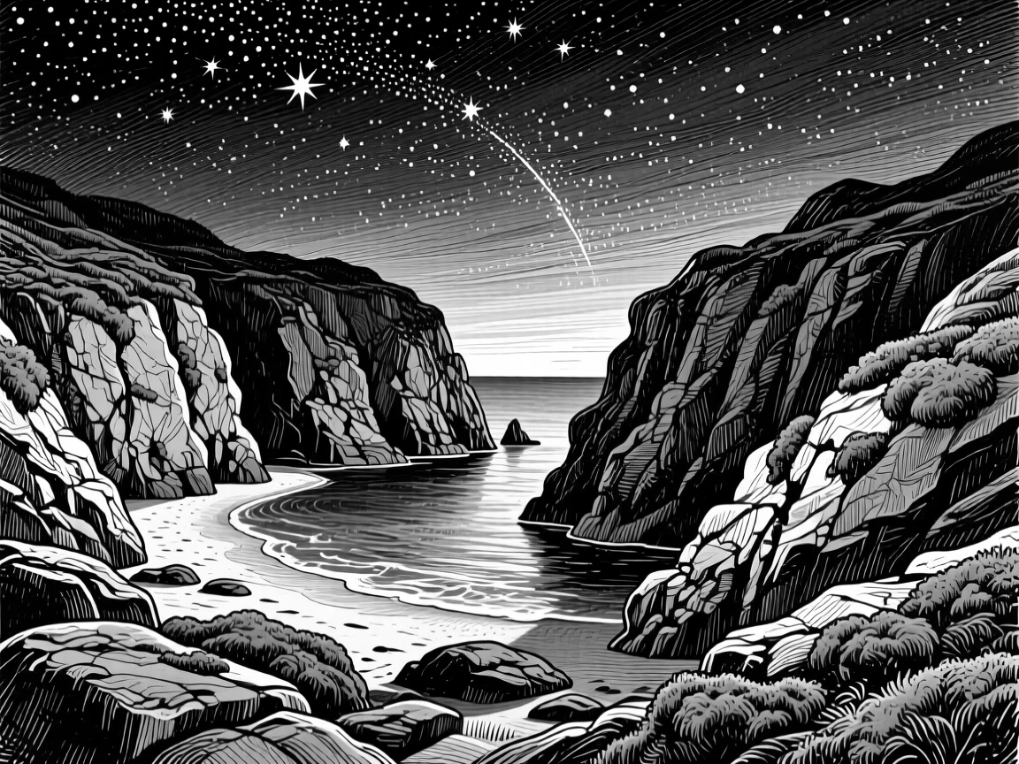 A hidden cove beneath a canopy of stars beginning to appear, with patches of moss clinging to weathered rock, evoking a softly romantic atmosphere in a wide, balanced composition.