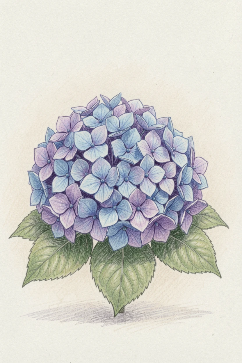 A cluster of hydrangeas in shades of blue and violet, set against a simple, softly lit neutral background, perfect for a peaceful, feminine, and timeless aesthetic.