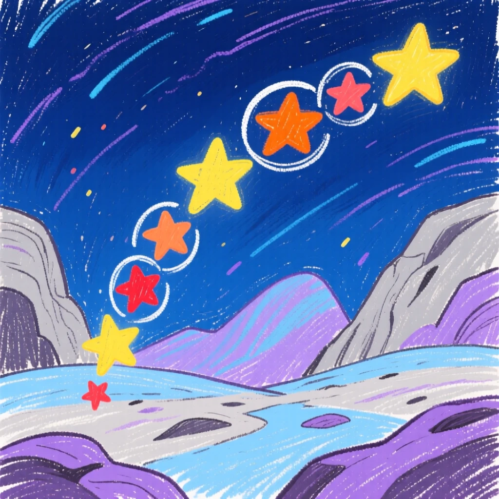 A fleet of stars rising slowly over a rocky alien landscape.