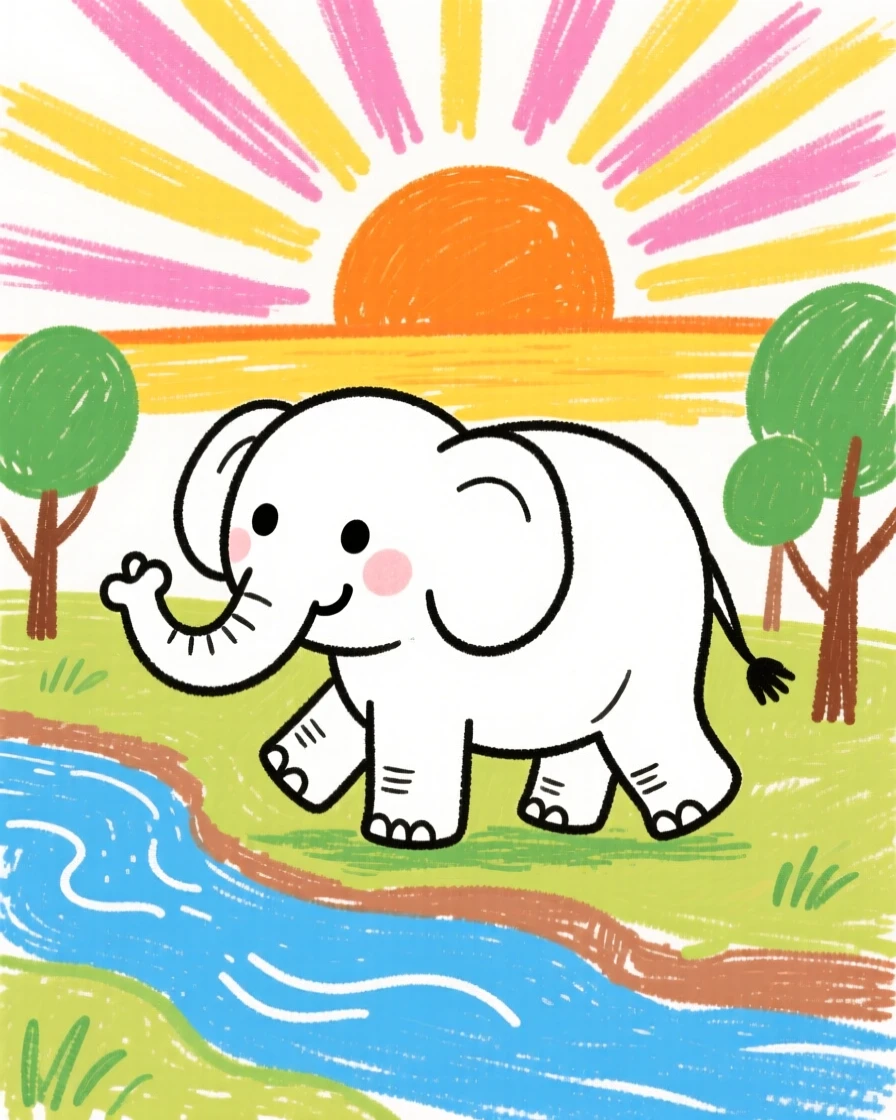 A baby elephant waddling along a riverbank at sunrise.