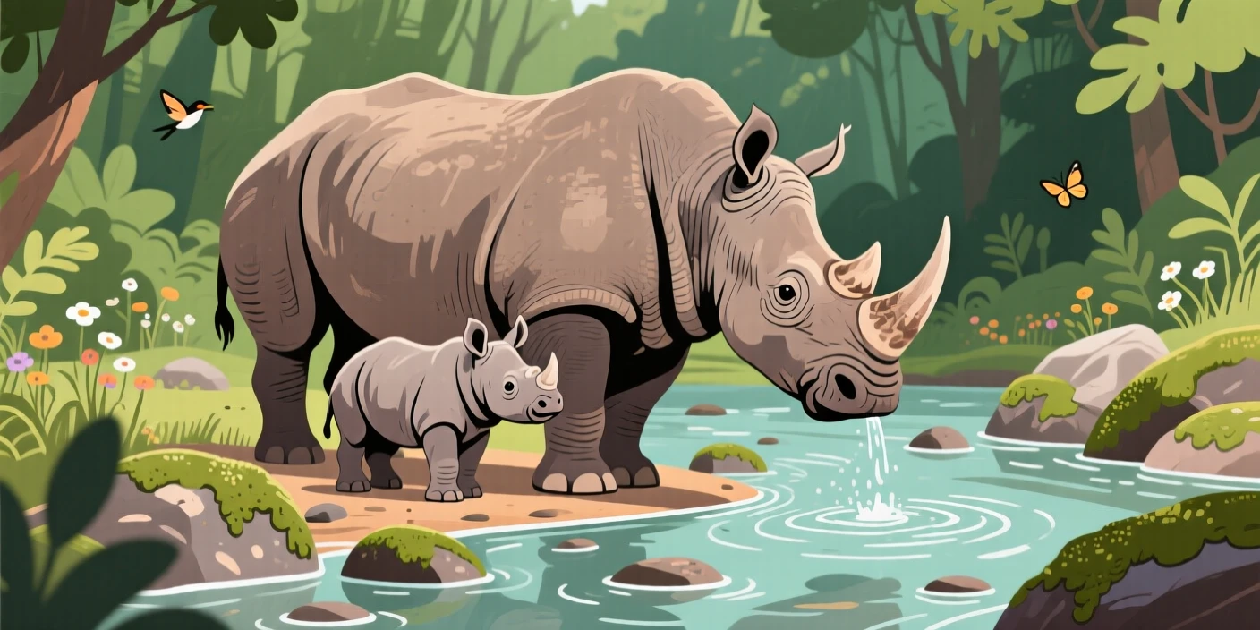 A baby rhino following closely behind its mother, positioned beside a babbling woodland stream, grouped together in a playful cluster composition, with a sense of playful curiosity captured perfectly.