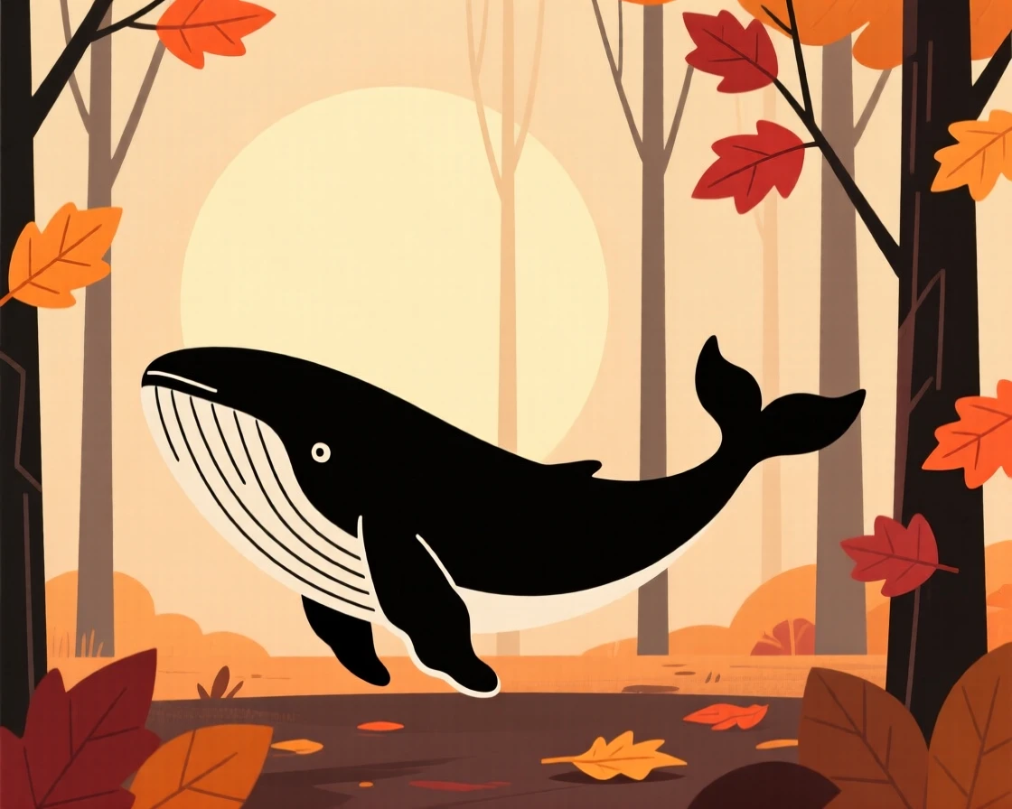 A curious humpback whale pausing in an autumn woodland, with soft morning light in the background, radiating protective warmth.