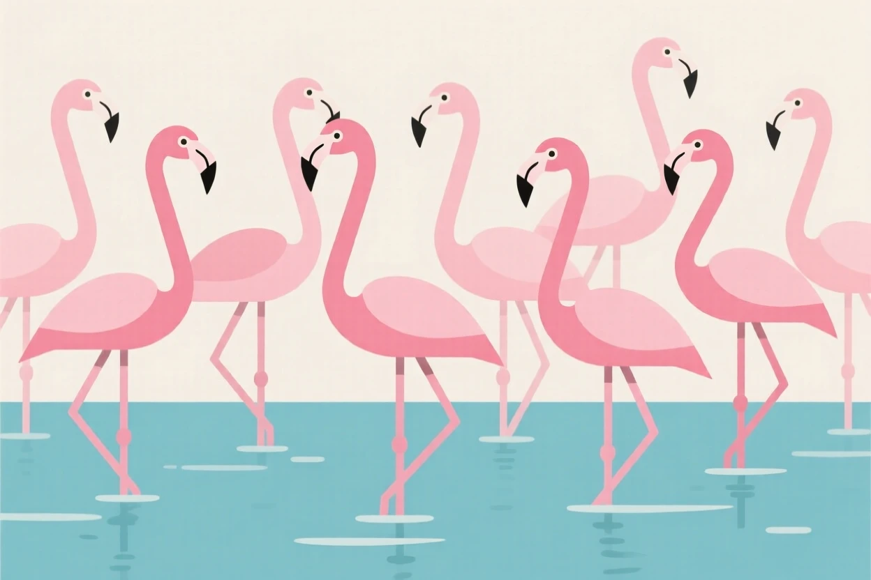 A flock of flamingos standing in shallow water