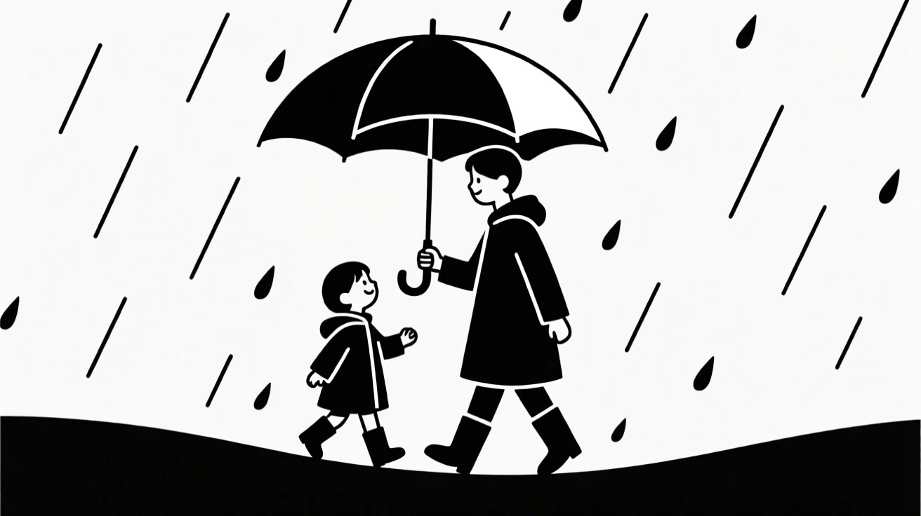 Siblings sharing an umbrella on a rainy walk.