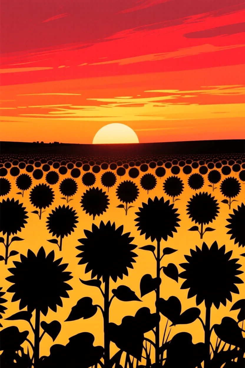 A field of sunflowers all turned to face the setting sun.