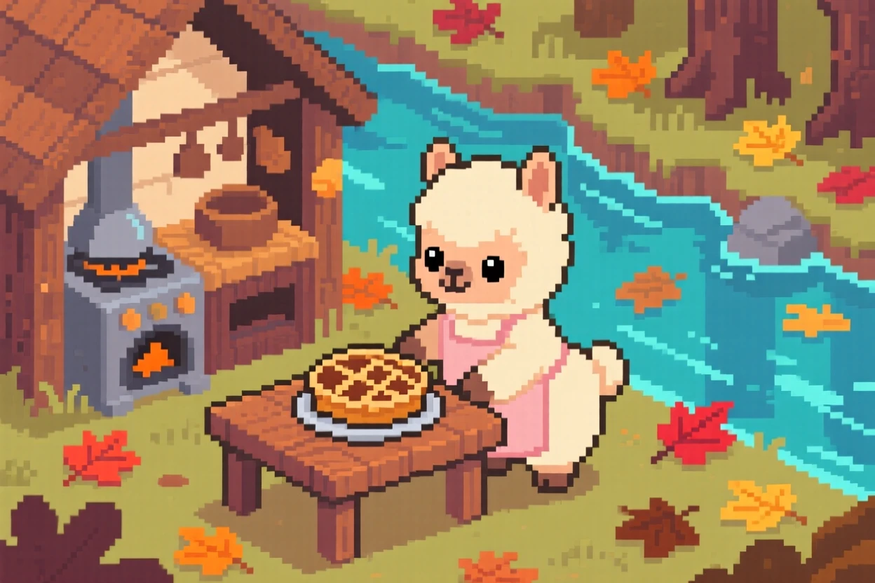 A baby alpaca baking a miniature pie in a woodland kitchen, on a riverbank scattered with fallen leaves.