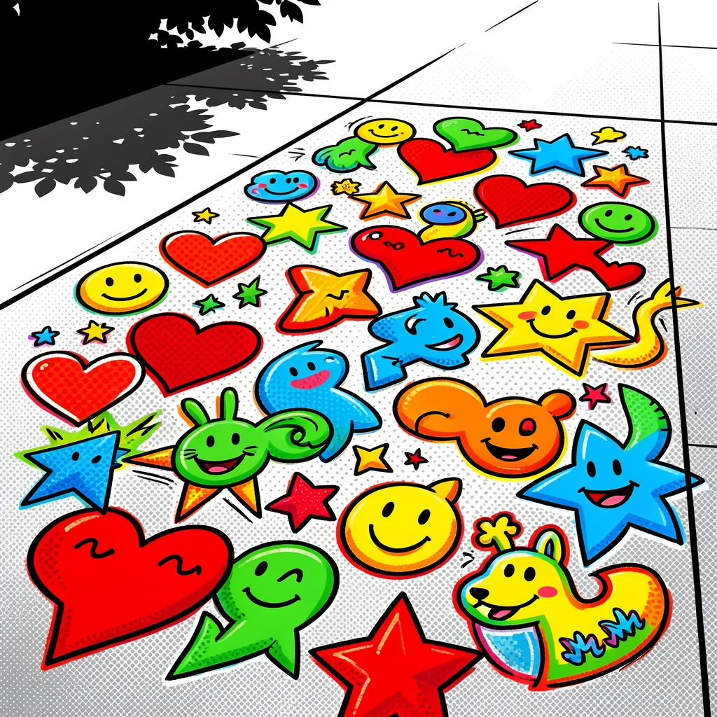 An elaborate array of chalk drawings covering a sunny sidewalk