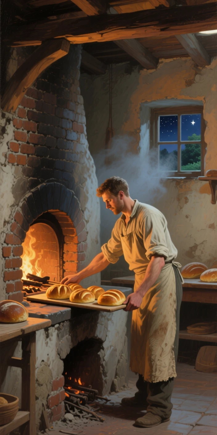 A centered composition of a baker sliding loaves of bread into a stone oven, at the start of a humid summer, under the night sky.