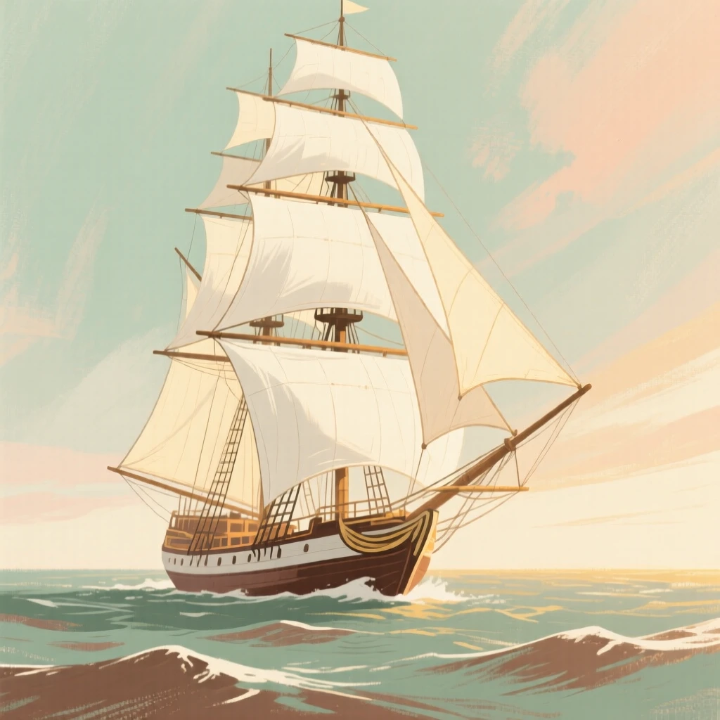 A tall sailing ship with billowing white sails crossing the open sea