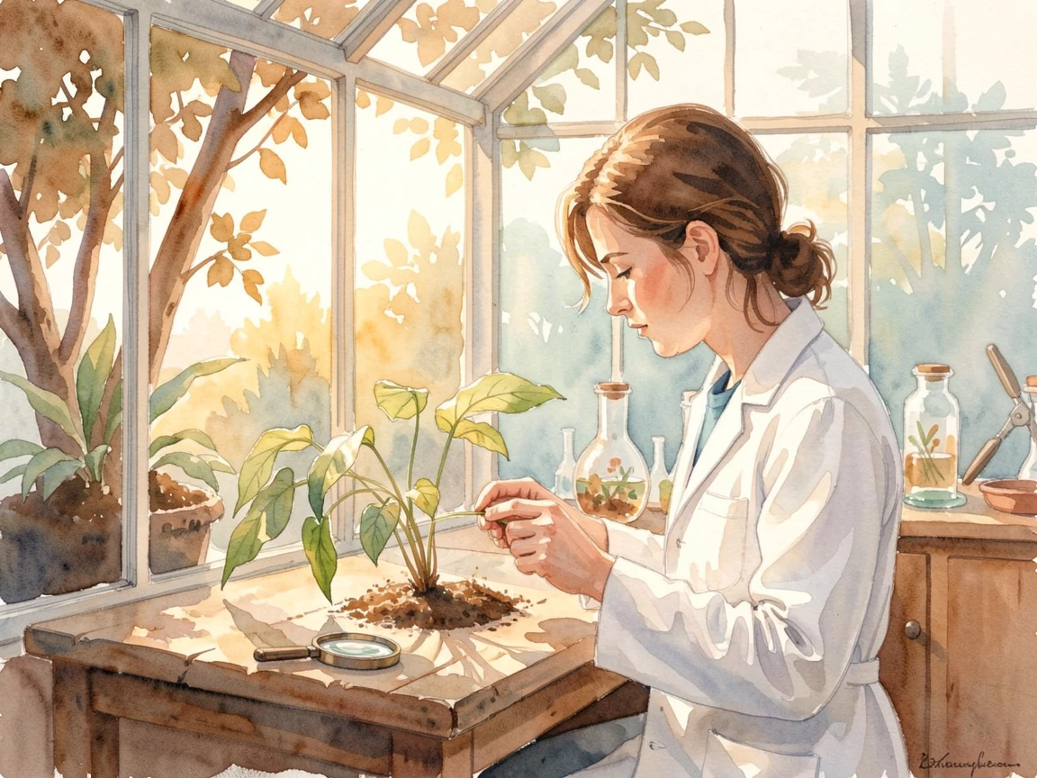 A scientist examining a plant sample in a greenhouse as the golden afternoon light filters through nearby trees.