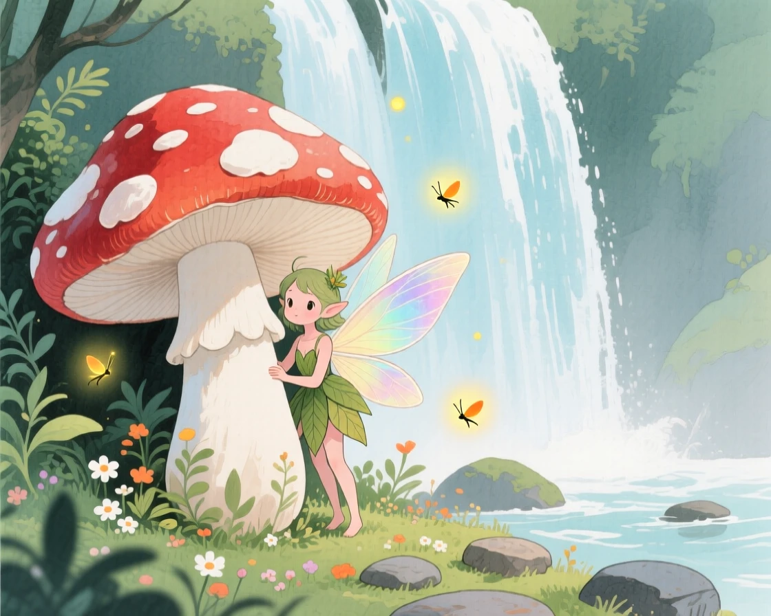 A tiny forest fairy peeks out from behind a giant mushroom in a secret garden behind a waterfall, while fireflies swirl through the air